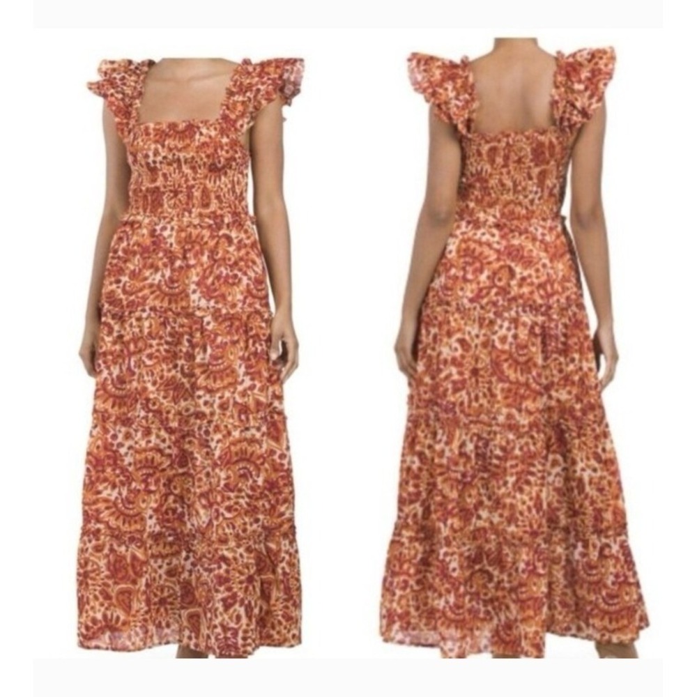 NWT House of Harlow Lrg‎ Zoey Orange Floral Tiered Smocked Ruffled Maxi Dress